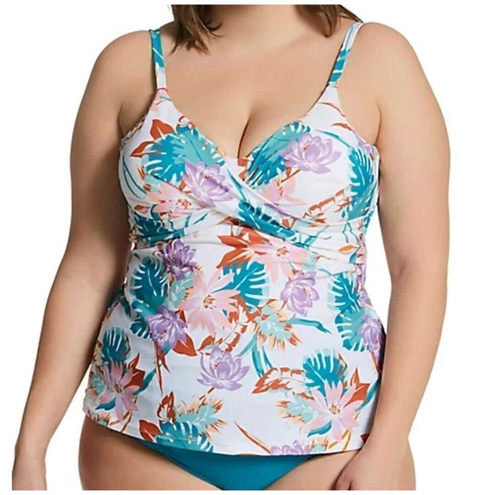 Raisins Curve Underwire Tankini Aries Twist Front White Swim Top Floral Plus 24W